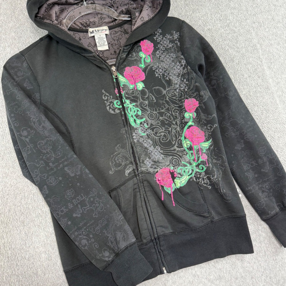 Self Esteem Zip Up Hoodie Womens S y2k Black Rose Skull Graphic Y2K Mall Goth